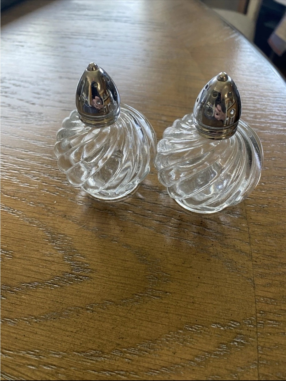 Vintage IRice Glass Swirl Salt and Pepper Shaker Set with Silver Tops